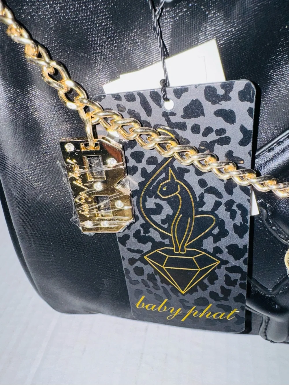 Baby Phat Black leopard print Satchel with Gold Charm Chain BNWT